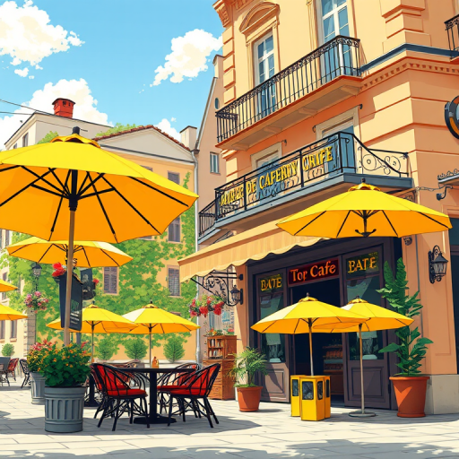 create a vibrant illustration of a cozy cafe with yellow umbrellas on a sunny day, showcasing intricate details in the building's architecture, use a DSLR camera with a 35mm lens, aperture set to f/5.6, ISO 100, and a shallow depth of field for a soft background blur, shot from a slightly elevated angle to capture the ambiance and surroundings.