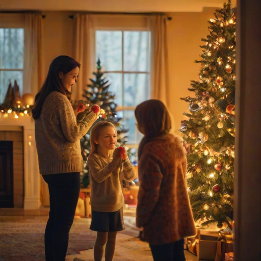 Warmly lit image of a family decorating a Christmas tree, soft golden light from the tree's lights illuminating their faces, with festive ornaments and a cozy fireplace in the background.