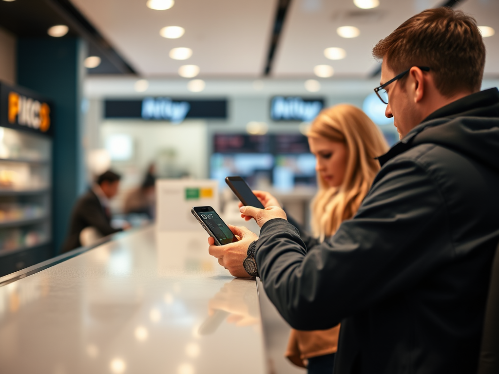 Create a high-quality vector image of two people at a counter, one holding a smartphone, with a clear focus and soft background, shot with a DSLR camera at f/2.8, ISO 100, and a 50mm lens for depth of field.