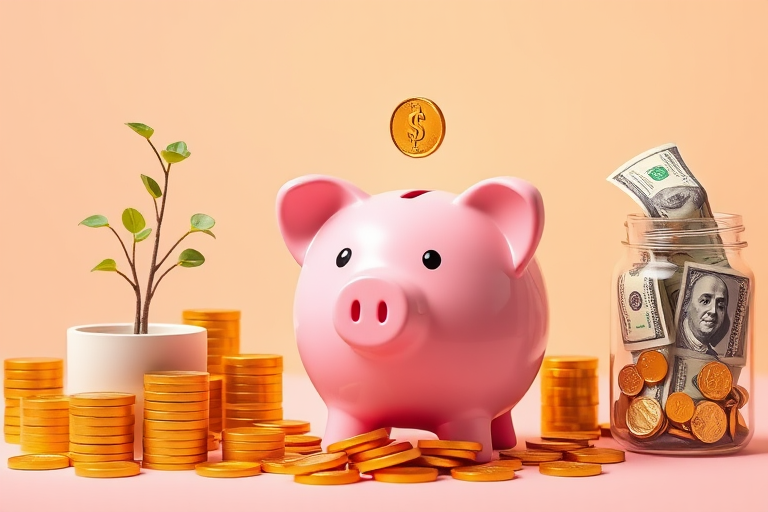 Create a vibrant digital illustration of a pink piggy bank with a coin being dropped in, surrounded by stacks of golden coins, a money plant in a white pot, and a jar filled with dollar bills, use a Canon EOS R5 camera with a 50mm lens, aperture f/1.8, ISO 100, and a shallow depth of field to enhance image quality and clarity.