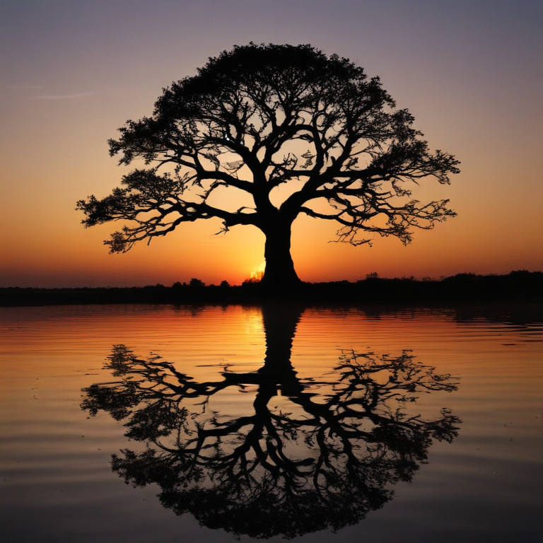Majestic Silhouette of a Tree Against a Vibrant Sunset Reflection
