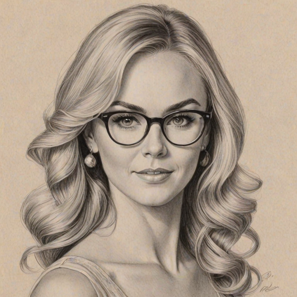 Beauteous Laura Bell Bundy, pencil sketch, portrait of Superb woman 1958s in glasses, hair style beatnik, outline, clear lines, fine lines, 8k