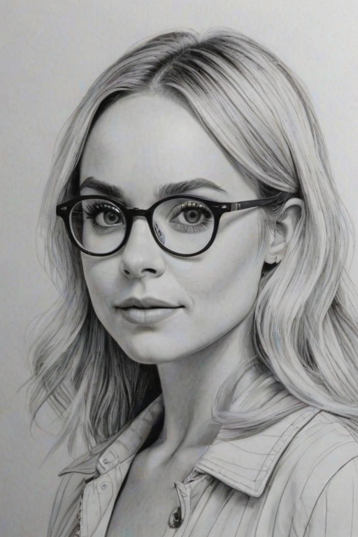 Pleasing Becca Tobin, pencil sketch, portrait of Wonderful woman 1967s in glasses, hair style beatnik, outline, clear lines, fine lines, 8k