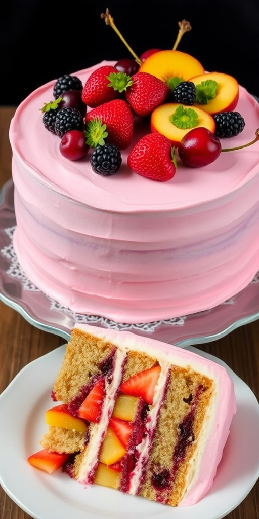 A beautifully decorated multi-layered cake with a smooth pink frosting topped with fresh strawberries, cherries, blackberries, and slices of peaches, displayed on a cake stand with a slice of the cake on a plate showcasing colorful layers of fruit and cream.