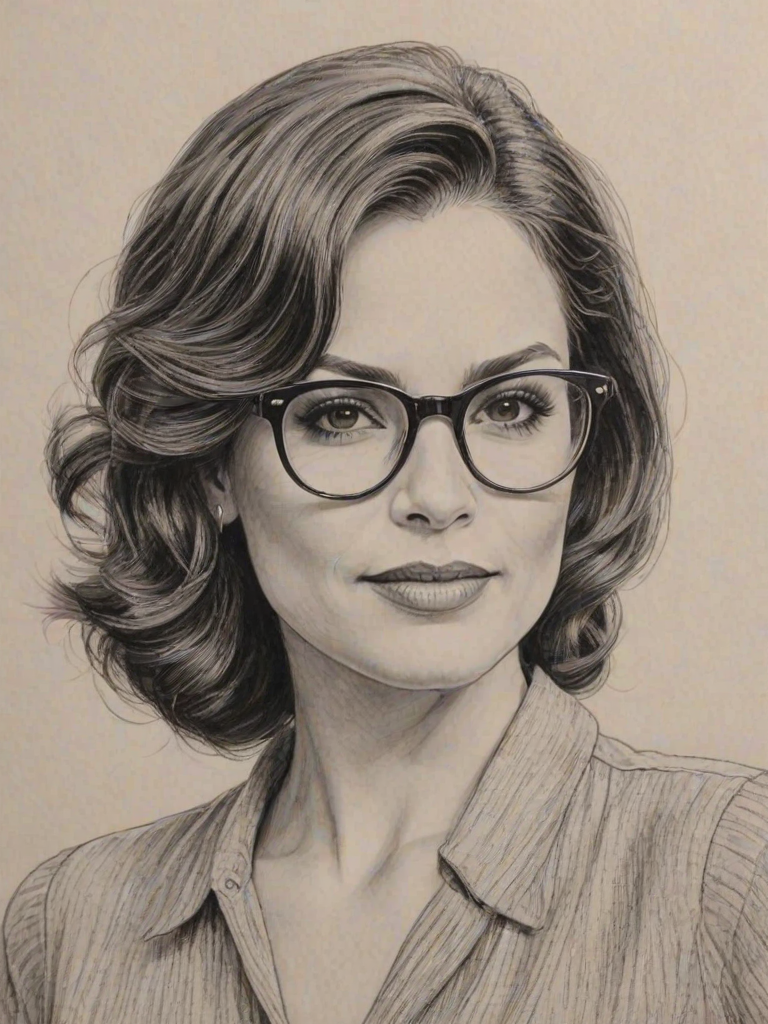 Captivating Lana Parrilla, pencil sketch, portrait of Lovely woman 1945s in glasses, hair style beatnik, outline, clear lines, fine lines, 8k