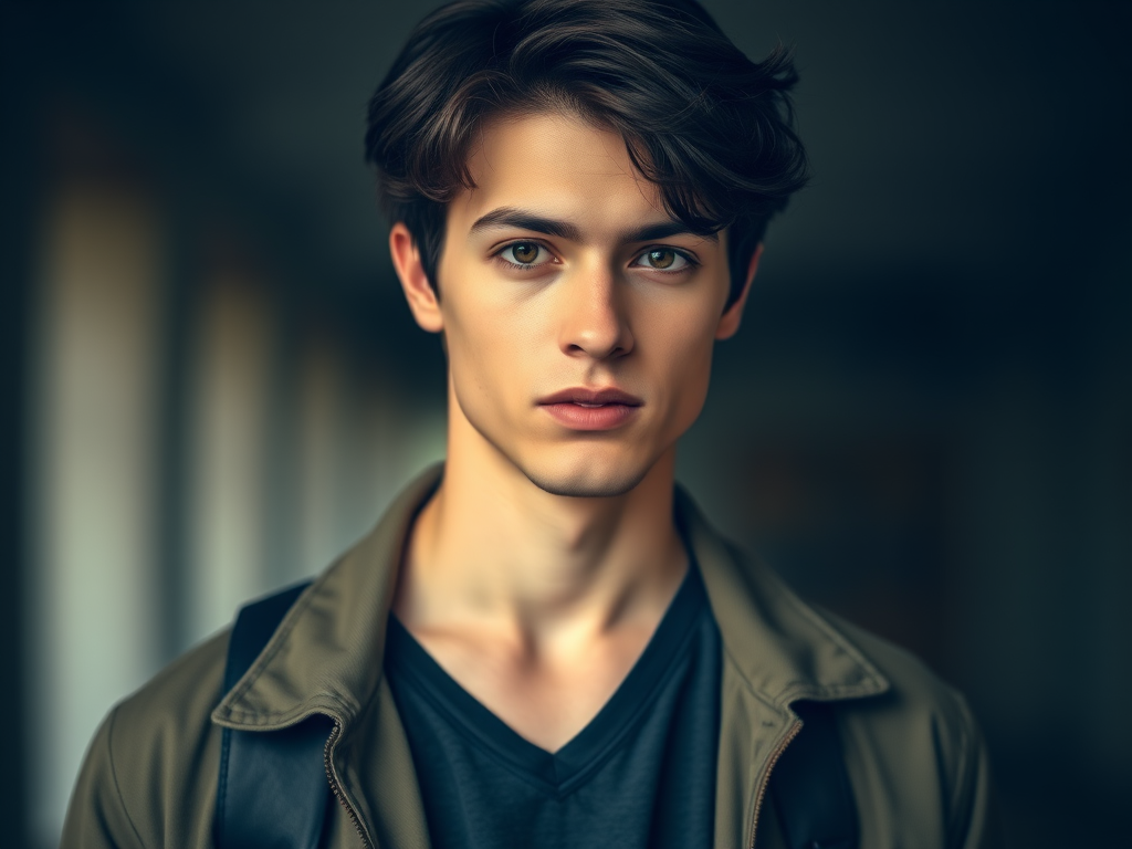 portrait of a young man with dark hair and expressive eyes, wearing a casual jacket over a v-neck shirt, soft focus background, natural lighting, shot with a 50mm lens at f/1.8, ISO 100, aperture priority mode, in a cinematic style, high resolution