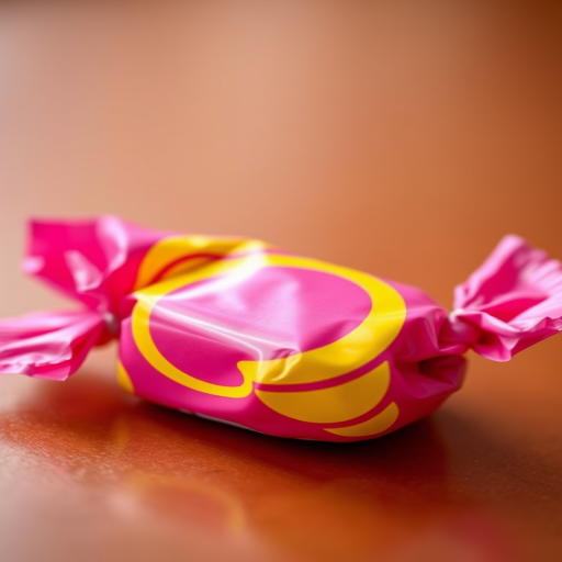 A colorful wrapped candy with a pink and yellow design, cartoon style, high resolution, 50mm lens, f/2.8 aperture, shot in daylight, shallow depth of field, DSLR camera.