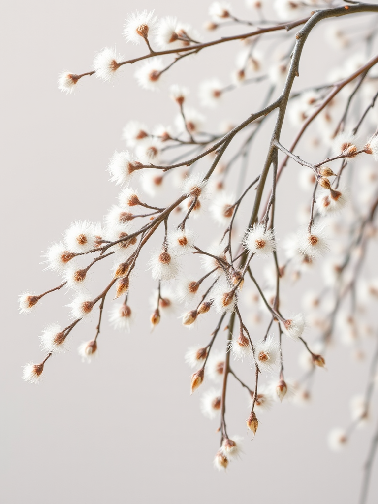 Create a high-resolution image of soft, fuzzy pussy willow branches with a neutral background, using a DSLR camera with a 50mm lens, aperture f/2.8, shutter speed 1/100s, ISO 100, in natural light, shot from a slightly elevated angle for depth.