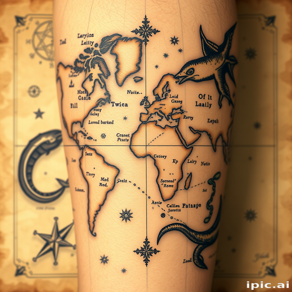 Vintage map tattoo featuring aged parchment texture, intricate cartography details, and mythical sea creatures, rendered in sepia tones with subtle color accents for an authentic explorer aesthetic
