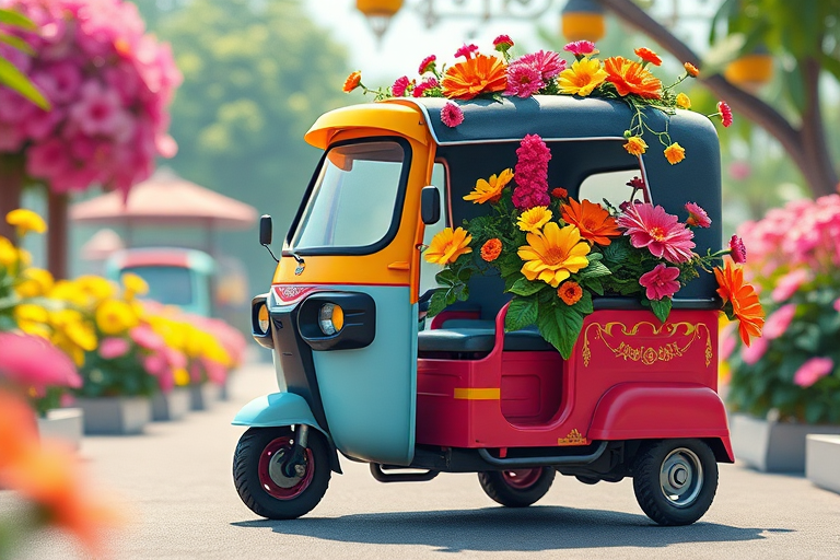 Create a 3D rendered image of a cartoon-style auto rickshaw filled with vibrant flowers, shot from a low-angle view, using a DSLR camera with a focal length of 35mm and an aperture of f/2.8 for a shallow depth of field, ensuring bright colors and sharp details.