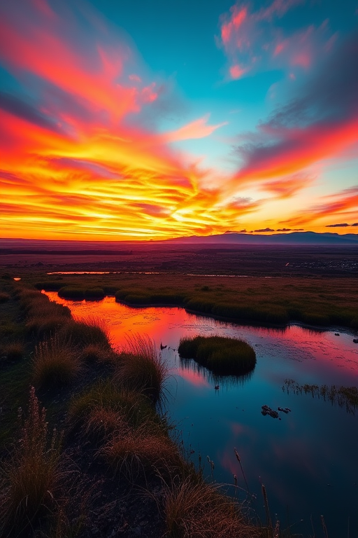 Generate a high-resolution image of a serene landscape at sunset with vibrant colors, using a DSLR camera, 50mm lens, f/1.8 aperture, ISO 100, and a wide-angle view to capture the expansive sky and reflecting water.