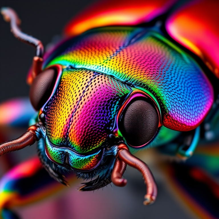 Create a highly detailed, vibrant close-up illustration of a colorful beetle, with rich iridescent colors and intricate patterns, using a macro lens at f/2.8 for shallow depth of field, ISO 100 for minimal noise, and a 1/125 shutter speed to capture crisp details, in a well-lit studio environment.