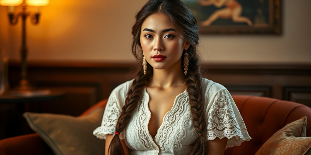 Create a portrait of a refined and elegant Tibetan woman seated in a sophisticated setting. She has long, wavy hair styled in two thick braids that are pulled over her shoulders. She wears a white, lace gown with intricate patterns, featuring a deep V-neckline and short sleeves. The dress exudes a vintage charm with its delicate lacework. She is adorned with ornate, dangling earrings that add a touch of glamour to her appearance. The background is softly lit, with warm, ambient lighting that creates a cozy and inviting atmosphere. Her expression is poised and serene, capturing a sense of grace and elegance.