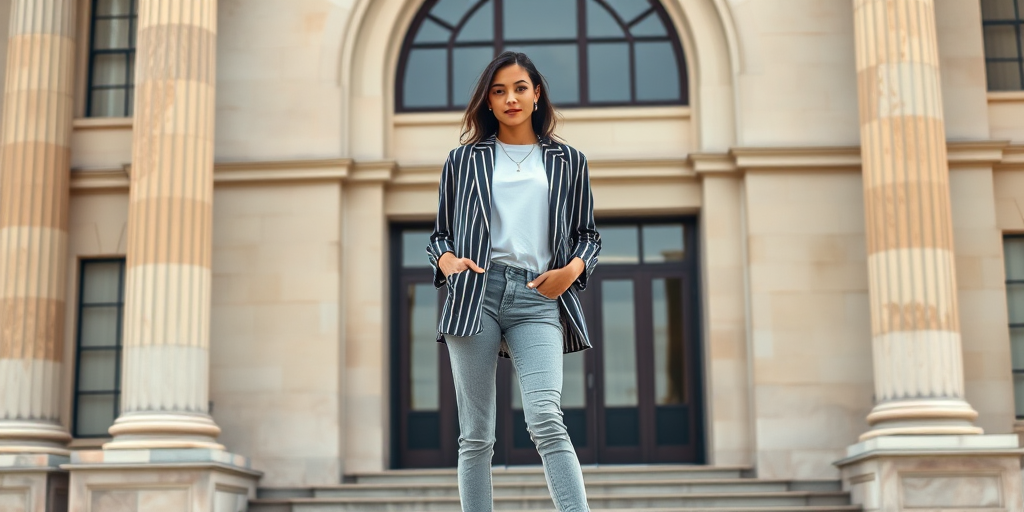 Photograph a fashionable woman standing confidently against a classic architectural background, wearing a striped blazer over a white t-shirt and light gray jeans, complemented by bright orange sneakers, capturing the scene in natural light with a Canon EOS R5, 50mm lens, f/1.8 aperture, 1/200 sec shutter speed, and ISO 100 for enhanced clarity and detail.