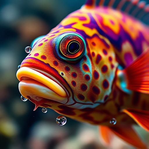 regenerate a vibrant underwater scene featuring a close-up of a colorful fish with intricate patterns, using a Canon EOS R5 camera, 85mm lens, aperture f/1.8, ISO 100, shallow depth of field, soft natural light, high dynamic range, focusing on the fish's detailed scales and small bubbles around it