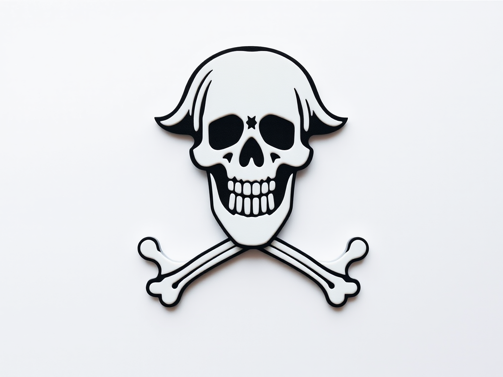 Create a high-resolution image of a pirate skull and crossbones logo, photographed with a DSLR camera at f/2.8 aperture, ISO 100, 50mm lens, top-down view, in a flat lay style with a clean background for enhanced clarity and vibrancy.