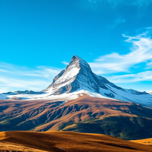 Capture a stunning landscape of the Matterhorn mountain during a clear day with vibrant blue skies and wispy clouds, using a DSLR camera, 24mm lens, aperture f/8, ISO 100, and a shutter speed of 1/250 seconds for maximum detail and clarity.