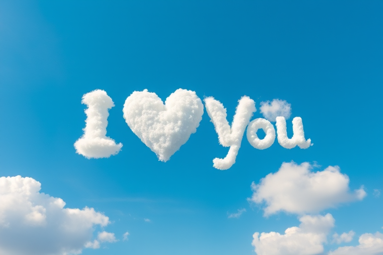 Create an image of a clear blue sky with fluffy white clouds forming the text "I love you" in a playful, whimsical font, captured with a DSLR camera at f/8 aperture, ISO 100, 1/200s shutter speed, using a wide-angle lens and aerial drone perspective to enhance clarity and detail.