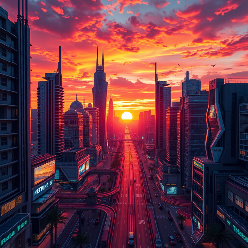 Generate a high-resolution image of a futuristic cityscape at sunset with vibrant colors and dynamic lighting, camera settings: aperture f/8, ISO 100, shutter speed 1/200s, camera view: wide-angle, camera style: vibrant and highly detailed, camera type: DSLR.