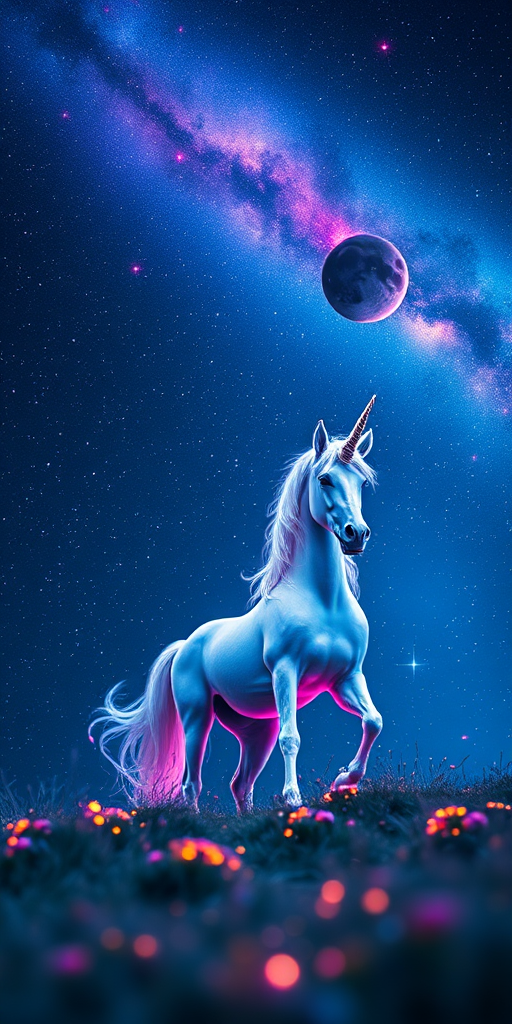 fantasy landscape with a glowing unicorn surrounded by vibrant cosmic energy, high detail, night sky backdrop, 50mm lens, f/1.8 aperture, ISO 100, low angle view, soft focus, DSLR camera