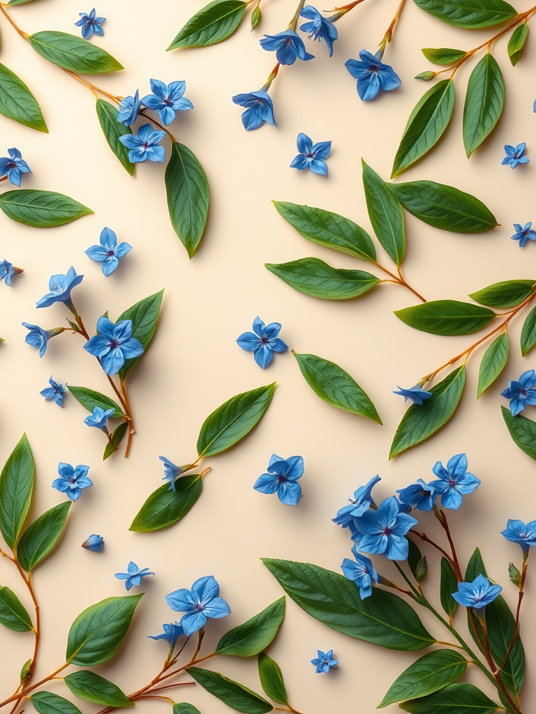 Create a seamless pattern of green leaves and blue flowers on a light beige background, using a Canon EOS R5 with a 50mm f/1.2 lens at f/4, ISO 100, and a shallow depth of field to enhance texture and detail in a flat lay style.