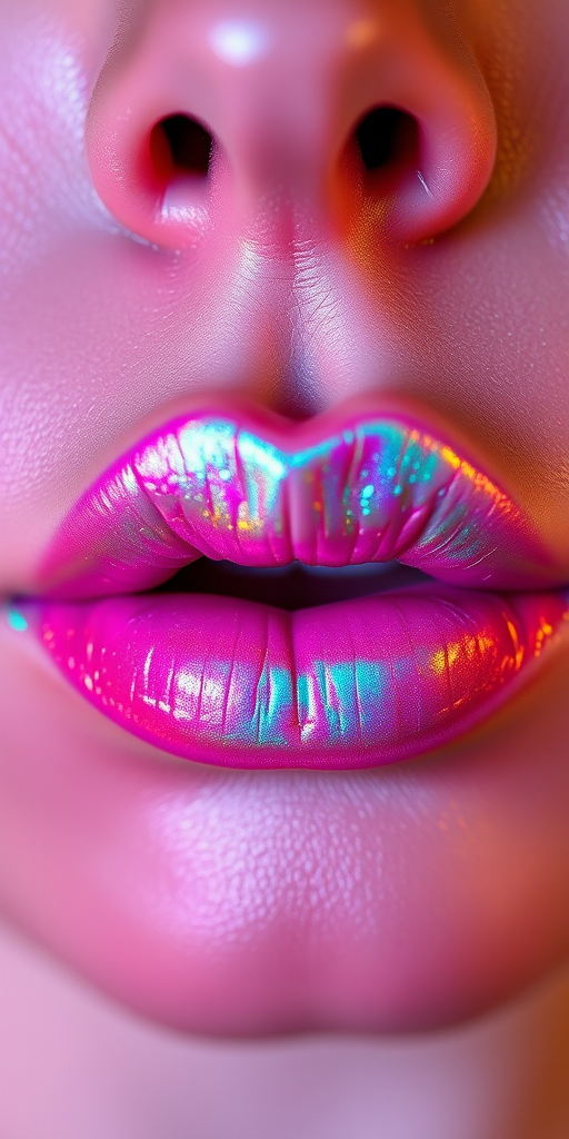 Iridescent holographic lip gloss "Unicorn Dreams" that shifts colors in different lighting, creating a mesmerizing effect for festivals and artistic makeup, non-sticky and lightweight