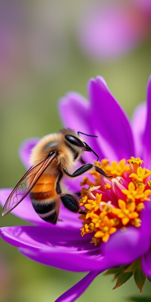 Close-up shot of a bee collecting pollen from a vibrant purple flower, shallow depth of field, f/2.8 aperture, 100mm macro lens, ISO 200, natural lighting, macro photography style, full frame camera type.