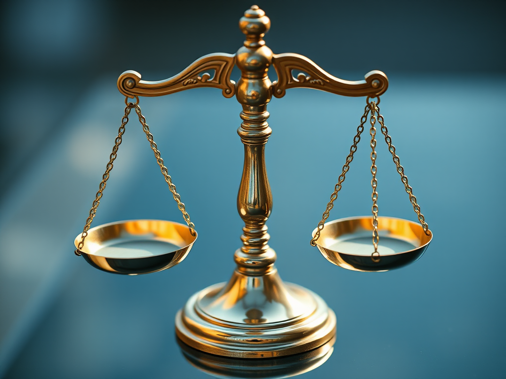 Create a high-resolution image of a balanced scale symbolizing justice, captured with a Canon EOS 5D Mark IV at f/8 aperture, ISO 100, 50mm focal length, top-down camera view, vibrant colors, and soft natural lighting to enhance the metallic sheen of the scales.