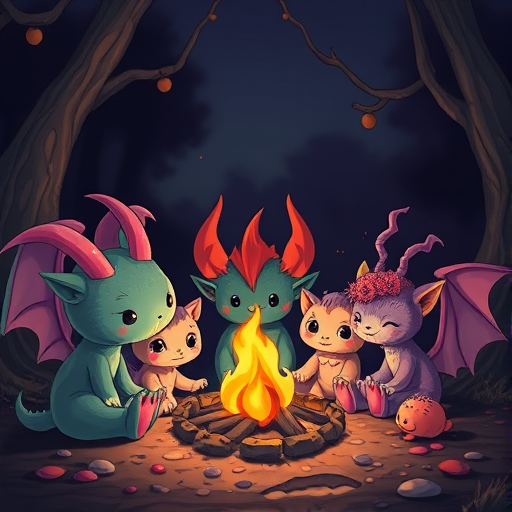 Create an illustration of a group of cute, colorful fantasy creatures gathered around a glowing fire in a dark setting, use a Canon EOS R5 camera with a 50mm lens, aperture f/1.8, ISO 100, and a soft focus style to enhance the vibrancy and detail of each creature.