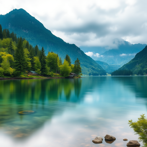 Generate an image of a serene landscape featuring a calm lake surrounded by lush green trees and mountains in the background, captured with a Canon EOS R5, 24mm lens, f/8 aperture, ISO 100, and a long exposure for smooth water effects, in vibrant and natural colors.
