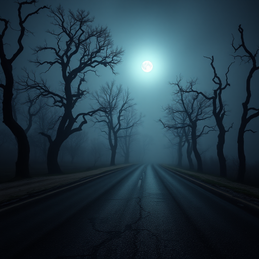 a desolate road lined with eerie, twisted trees under a full moon, fog shrouding the ground, with cracked pavement reflecting the moonlight, shot in low light with a wide-angle lens, aperture f/2.8, ISO 400, shutter speed 1/60 sec, DSLR camera, high dynamic range style