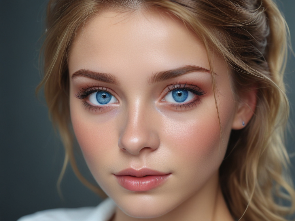 Stunning Portrait of a Young Woman with Striking Blue Eyes and Radiant Skin