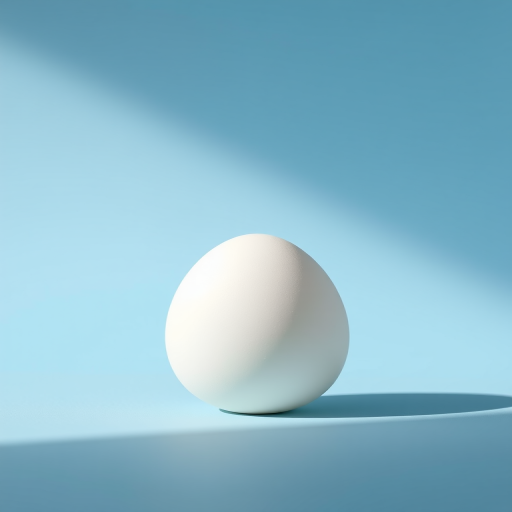 Create a high-resolution illustration of a single white egg on a soft blue background, using a Canon EOS R5 camera, 50mm lens, f/1.8 aperture, ISO 100, natural lighting, with a slight shadow for depth and realism.