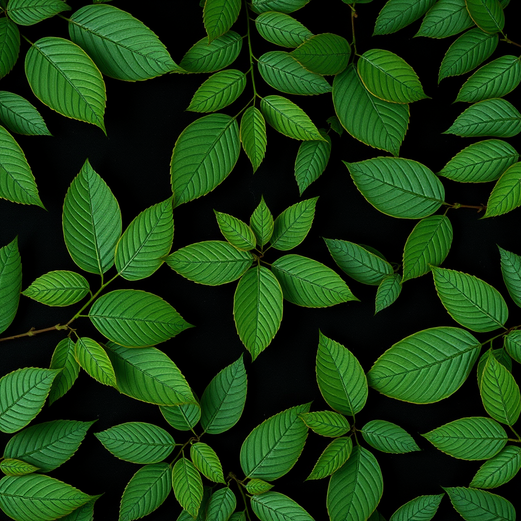 Create a seamless pattern of green leaves against a black background, macro shot, aperture f/8, ISO 100, 50mm lens, overhead perspective, DSLR camera.