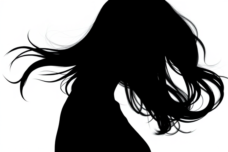 Generate a high-resolution image of a stylized black silhouette of a person with flowing hair on a plain white background, using a DSLR camera set to f/2.8, ISO 100, 50mm lens, with a soft focus effect and natural light.