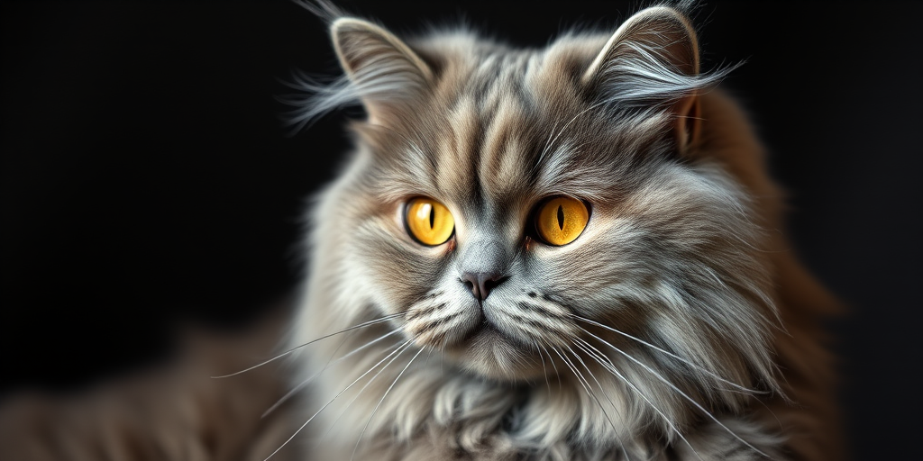 Create a highly detailed portrait of a fluffy gray Persian cat with striking yellow eyes, shot in soft natural light using a Canon EOS R5 with a 50mm f/1.2 lens at ISO 100, aperture f/2.8, and a shallow depth of field for a blurred background, capturing the elegance and texture of the cat's fur against a dark backdrop.
