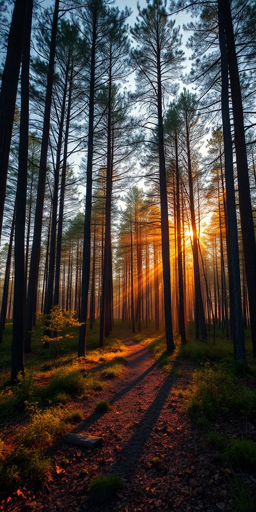 Create a high-resolution image of a serene forest landscape at sunrise with soft golden lighting, using a DSLR camera with a 50mm lens, aperture set to f/2.8 for a shallow depth of field, ISO 100 for clarity, and a wide-angle view to capture the full expanse of the scene.