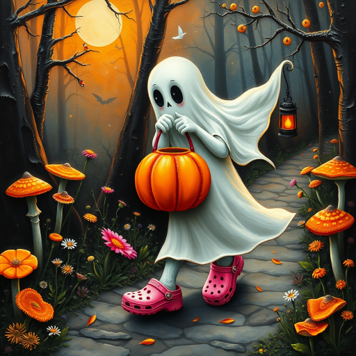 whimsical acrylic and oil painting, 3D, of a ghost, walking and carrying an orange pumpkin bucket and a lantern in the other hand, with bright pink croc shoes, background path in the enchanted forest, wildflowers, colorful mushrooms misty hues of black and orange with bright gold glitter, ultra detailed..Inspired by a prompt from another group