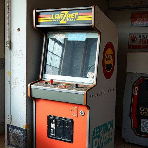 Regenerate the image of a vintage arcade machine with a slightly worn-out exterior, capturing it from a 45-degree angle at ISO 100, f/8 aperture, 1/60 sec shutter speed, using a Canon DSLR camera with a 50mm lens, in natural light to enhance color fidelity and detail.
