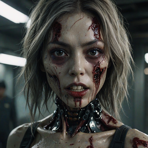 (perspective) of A creepy (ethnicity) zombie cyborg with (descriptive color) skin, (color) lipstick (color) liquid flowing from her eyes and mouth, (perspective two) portrait, (camera angle), extremely detailed, (art style) in the style of Yoshitaka Amano and Tetsuo Hara. --ar 85:128 --style raw --niji 6