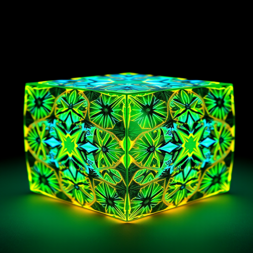 Generate a highly detailed 3D cube with intricate, vibrant geometric patterns in neon green, blue, and yellow against a black background, shot with a DSLR camera at f/8, ISO 200, 1/60s, in a wide-angle view with soft lighting for enhanced texture and depth.