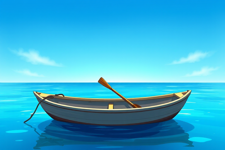Create a vibrant illustration of a flat-bottomed rowboat with two oars resting inside, set against a bright blue sky and calm waters, using a DSLR camera with an aperture of f/8, ISO 200, 50mm lens, and a soft focus effect to enhance colors and details.