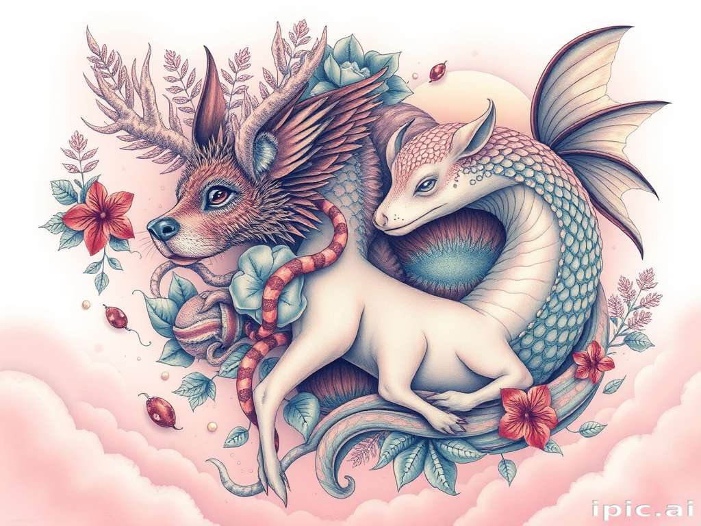 Surrealist tattoo concept named "Metamorphosis Dreams" featuring morphing animals and natural elements blending seamlessly in a dreamlike landscape with soft pastel color gradients