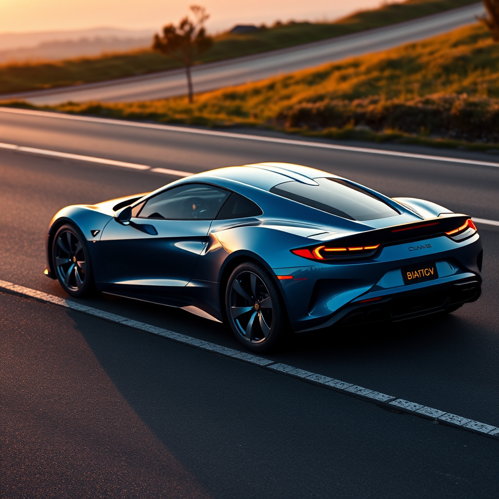 Generate an image of a luxury sports car parked on the side of a road during what appears to be dawn or dusk, given the soft light and shadows. The car should have a sleek design with aerodynamic features, a low-profile stance, and large, alloy wheels. It should display a contemporary color scheme, possibly a unique shade of blue that matches well with the ambient light in the setting. The vehicle's bodywork should gleam, reflecting the surrounding environment, and it should have distinctive lighting accents that enhance its sporty appearance. In the background, there should be a roadside with a grassy embankment on one side and possibly some trees or shrubbery along the edge of the pavement. The overall mood of the image should convey a sense of luxury, speed, and the tranquility of an early morning or late evening drive.