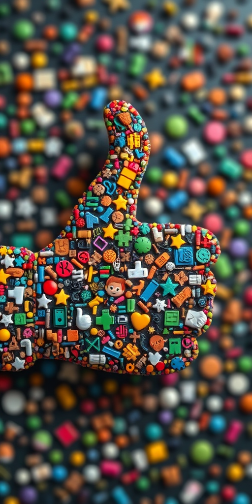 Create an image of a large thumbs-up symbol made from a colorful mosaic of various small objects and symbols, captured with a DSLR camera at f/8 aperture, ISO 100, 24mm lens, in high resolution, natural lighting, with a shallow depth of field for a soft background blur.
