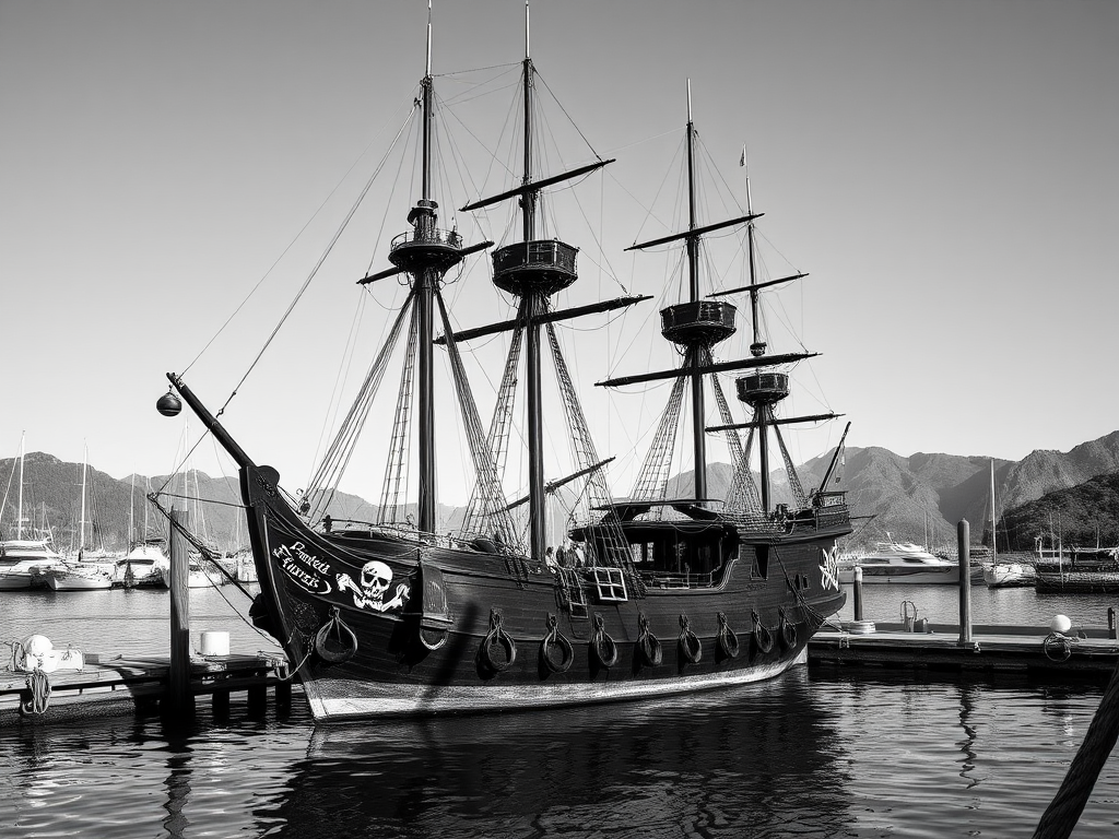 high-resolution black and white photograph of a pirate ship docked at a harbor with mountains in the background, shot with a Canon EOS R5 at f/8, ISO 100, 1/200 sec, from a wide-angle view at eye level, using natural light for enhanced contrast and depth.