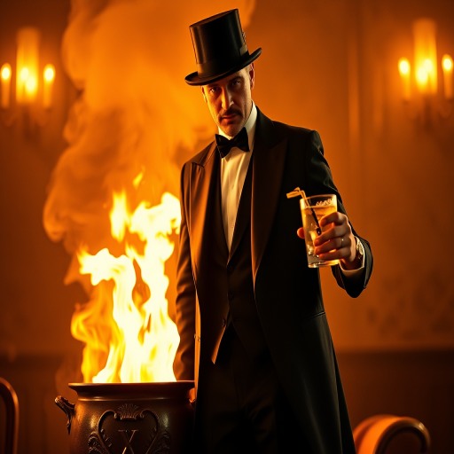 create a vintage-style movie poster featuring a charismatic man in a tuxedo with a top hat, holding a drink in one hand, standing next to a pot with flames, warm lighting for dramatic effect, shot with a DSLR camera, 50mm lens, f/1.8 aperture, ISO 100, soft focus background to enhance the subject's prominence, high saturation for vivid colors.