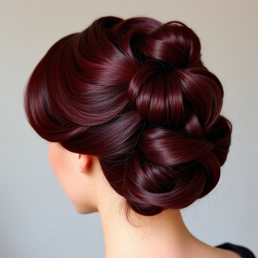 Rich burgundy locks styled in a vintage-inspired victory roll updo with glossy finger waves, exuding old Hollywood glamour and sophistication, known as Velvet Vixen