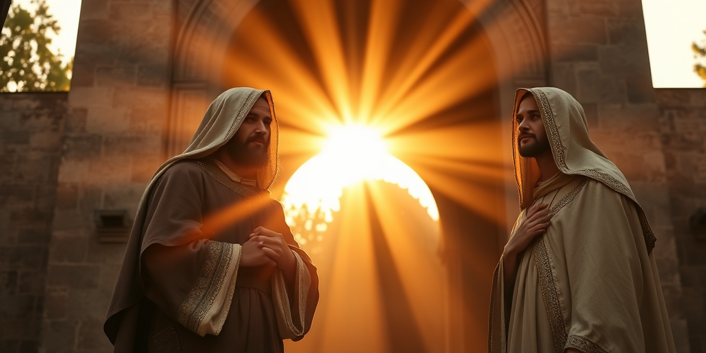 Generate an ethereal scene depicting three figures in historical religious attire, bathed in soft golden light with sun rays streaming through an archway, captured with a full-frame DSLR camera at f/1.8, 50mm lens, ISO 100, with shallow depth of field to create a dreamy background effect.