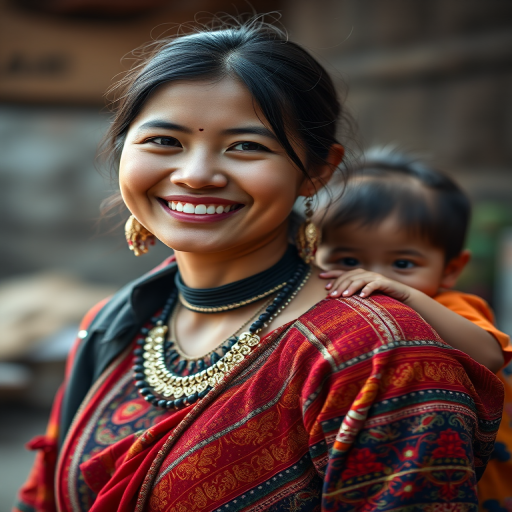 Create an image of a smiling young woman wearing traditional ethnic clothing with intricate jewelry and a child on her back, shot with a Canon EOS R5, 50mm lens, aperture f/1.8, ISO 100, natural lighting, shallow depth of field for a soft background blur, capturing an intimate and warm atmosphere.